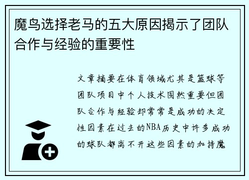 魔鸟选择老马的五大原因揭示了团队合作与经验的重要性 魔鸟选择老马的五大原因揭示了团队合作与经验的重要性