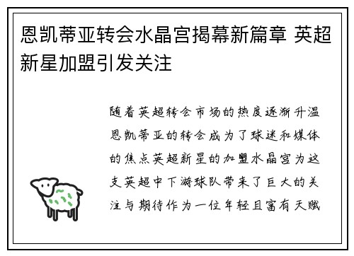 恩凯蒂亚转会水晶宫揭幕新篇章 英超新星加盟引发关注